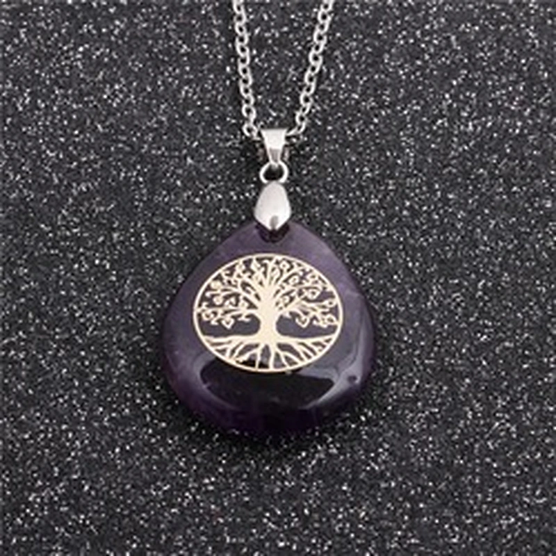 Wollet Wholesale Oval Natural Stone Yoga Agate Tree of Life Water Drop Shape Pendant Necklace