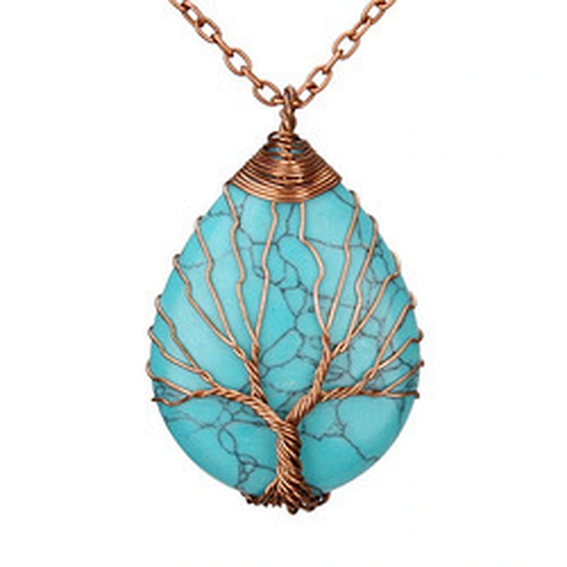 Wollet Natural Stone Rose Gold Winding Water Drop Shape Pendant Crystal Wire Necklace