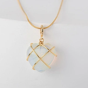 Wollet Natural Crystal Opal Powder Crystal Peach Heart DIY Winding  Heart Pendant Necklace