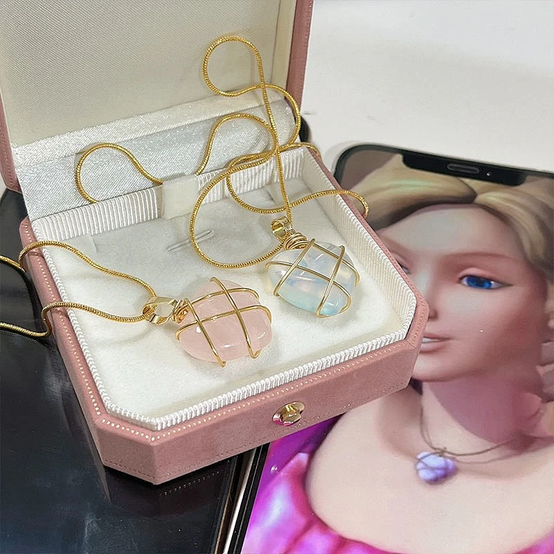 Wollet Natural Crystal Opal Powder Crystal Peach Heart DIY Winding  Heart Pendant Necklace