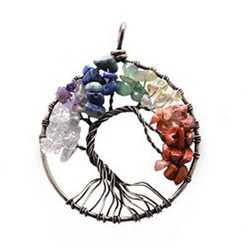 Wollet Wholesale Gemstones Charms for Peace Gift 7 Chakra Crystal Tree of Life Pendant Necklace