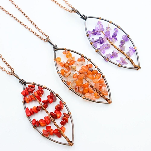 Wollet Natural Stone Bronze Hand-wound Gravel Charm Tree of Life Pendant Necklace