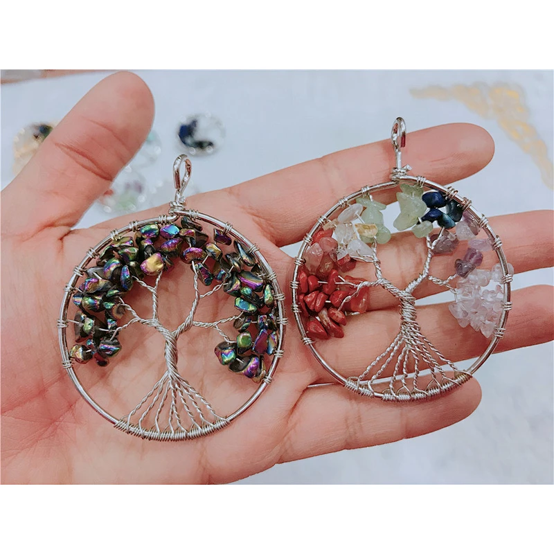 Wollet Wholesale Gemstones Charms for Peace Gift 7 Chakra Crystal Tree of Life Pendant Necklace