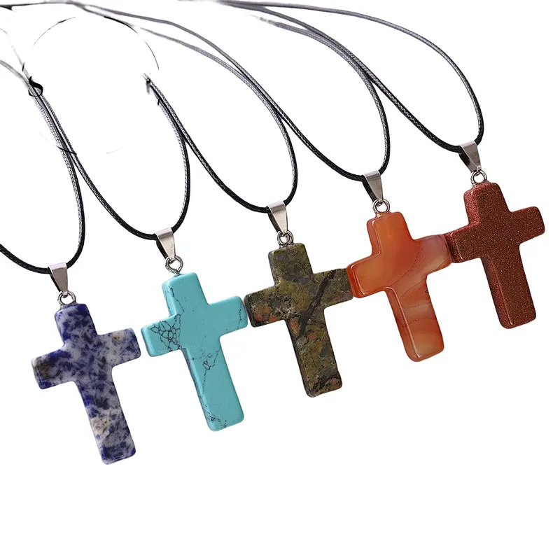 Wollet Wholesale Assorted Color Nature Stone  Crystal Quartz  Charms Crystal cross pendant Necklace