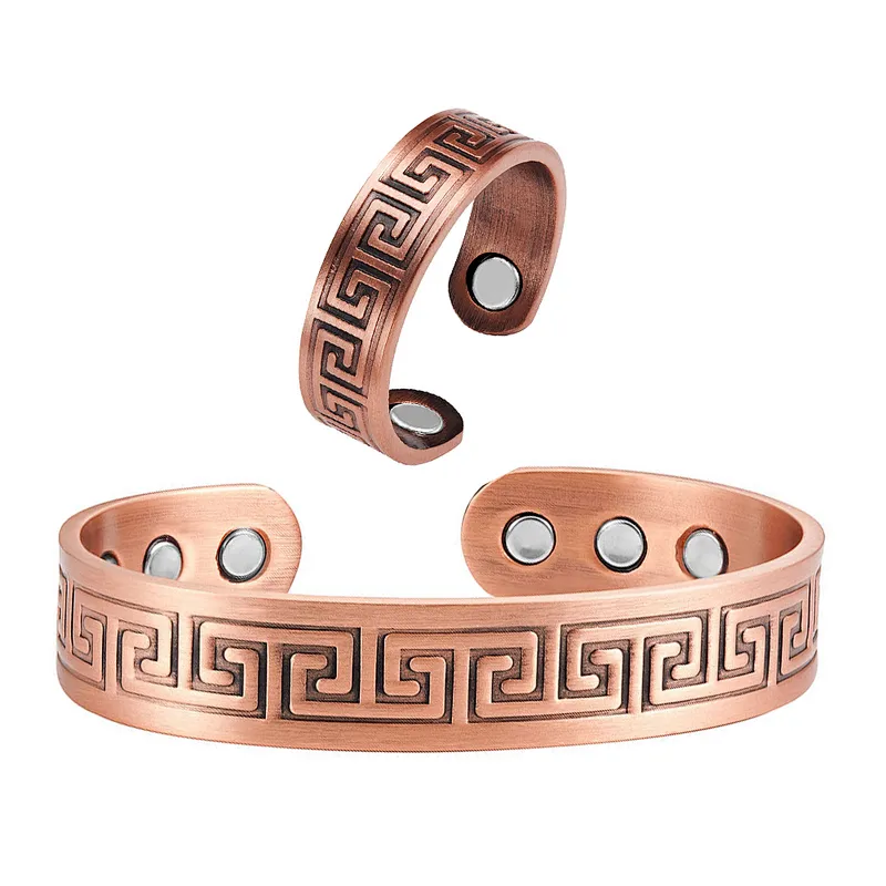 Wollet Antique Hammered Magnetic Bracelet Natural Relief Magnetic Cuff Copper Ring Set