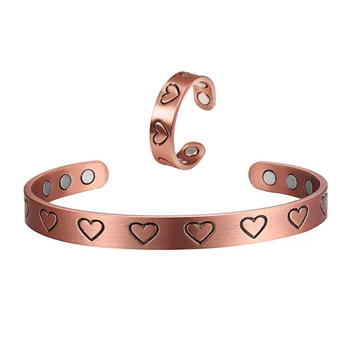 Wollet Antique Hammered Magnetic Bracelet Natural Relief Magnetic Cuff Copper Ring Set