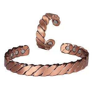 Wollet Antique Hammered Magnetic Bracelet Natural Relief Magnetic Cuff Copper Ring Set
