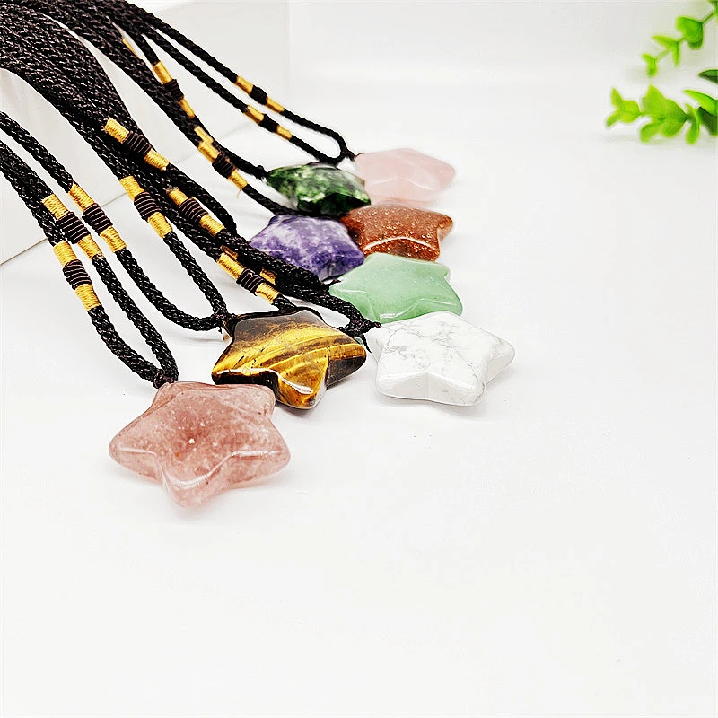 Wollet Wholesale Polished Mixed Stone Charms Natural Stone Pentagram Agate Crystal Pendants Necklace