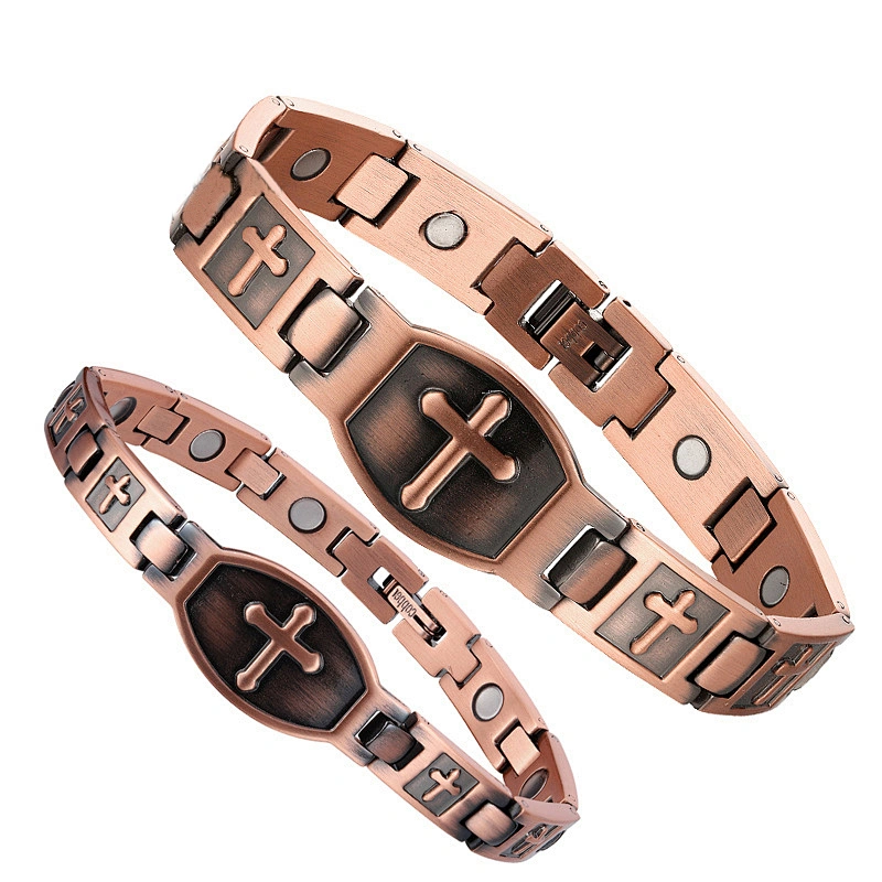 Wollett Solid Copper Christian Jewelry Strong Magnetic Copper Jesus Cross Bracelets for Couple