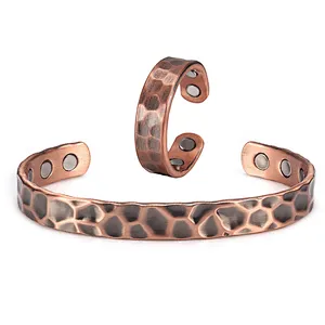 Wollet Antique Hammered Magnetic Bracelet Natural Relief Magnetic Cuff Copper Ring Set