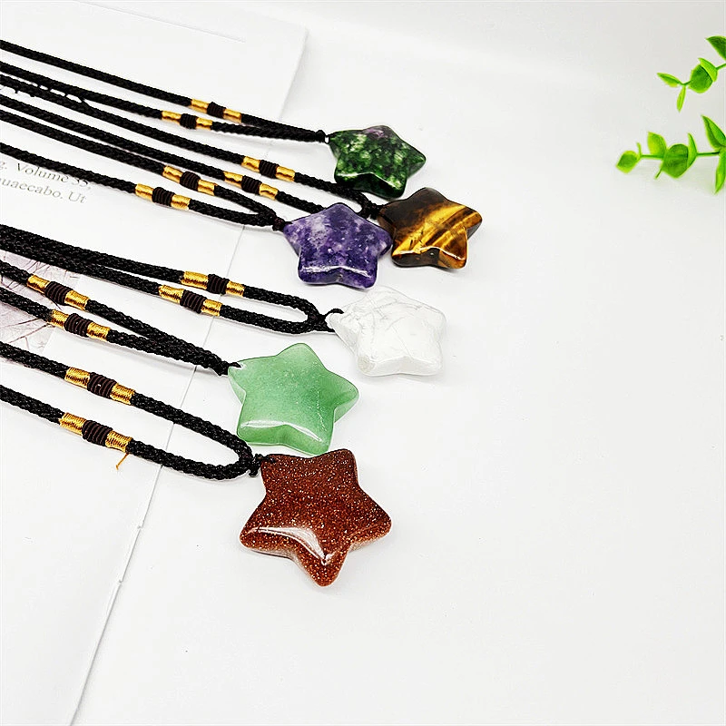 Wollet Wholesale Polished Mixed Stone Charms Natural Stone Pentagram Agate Crystal Pendants Necklace