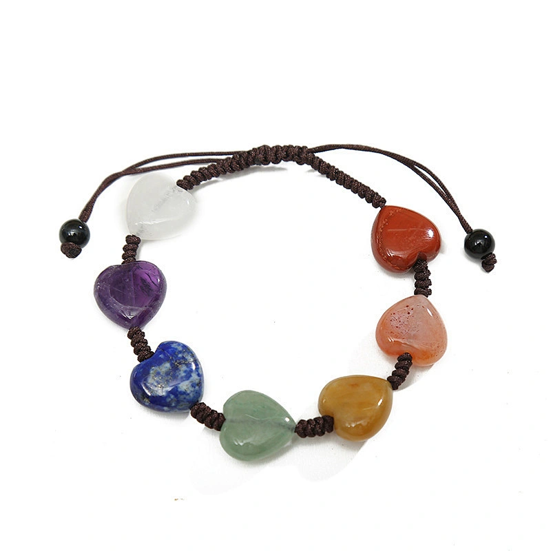 Wollet Wholesale Yoga Natural Stone Colorful Hand String Female Heart Weaving Agate 7 Chakra Bracelets
