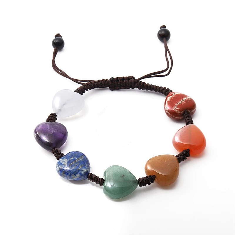 Wollet Wholesale Yoga Natural Stone Colorful Hand String Female Heart Weaving Agate 7 Chakra Bracelets