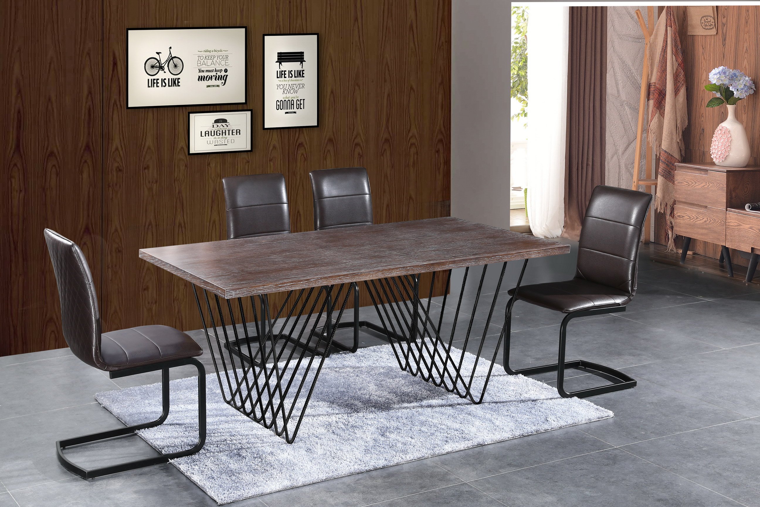 MDF COVERED WITH WOOD VENEER DINING TABLE WITH STABLE METAL LEGS
