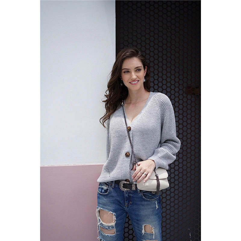 Women fashion clothes pure color cardigan sweater casual knitwear apparel in stock