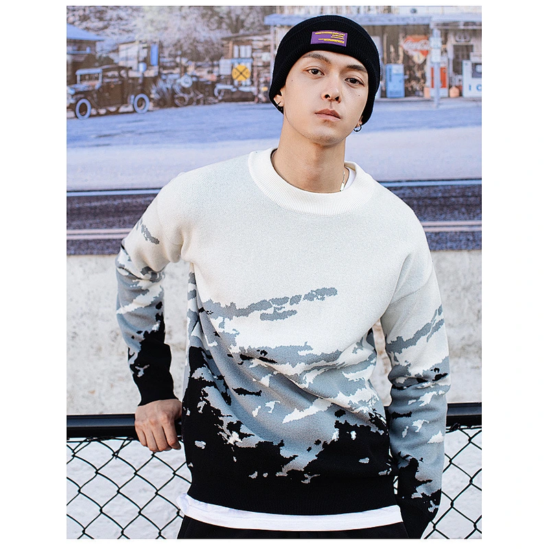Mens  white crop sweaters crew neck pullover knitwear long sleeve custom knit men sweater