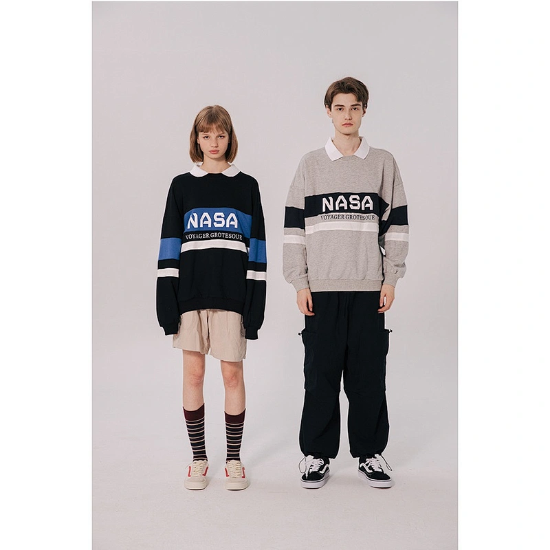 Autumn clothing women vintage polo pullover hoodie no pocket custom men grey pullover color block hoodie