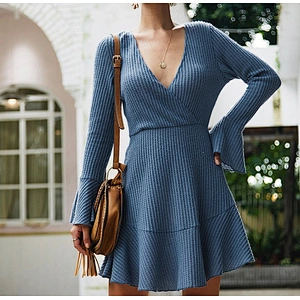 Fall clothing for women sexy v-neck knit dress ladies solid color dress wholesale apparel stock
