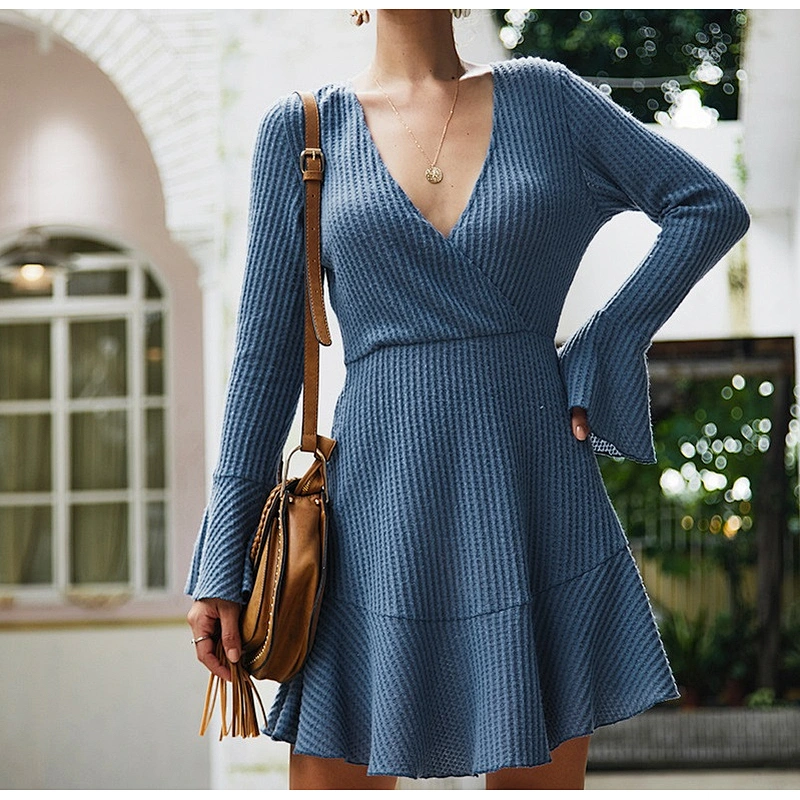 Fall clothing for women sexy v-neck knit dress ladies solid color dress wholesale apparel stock