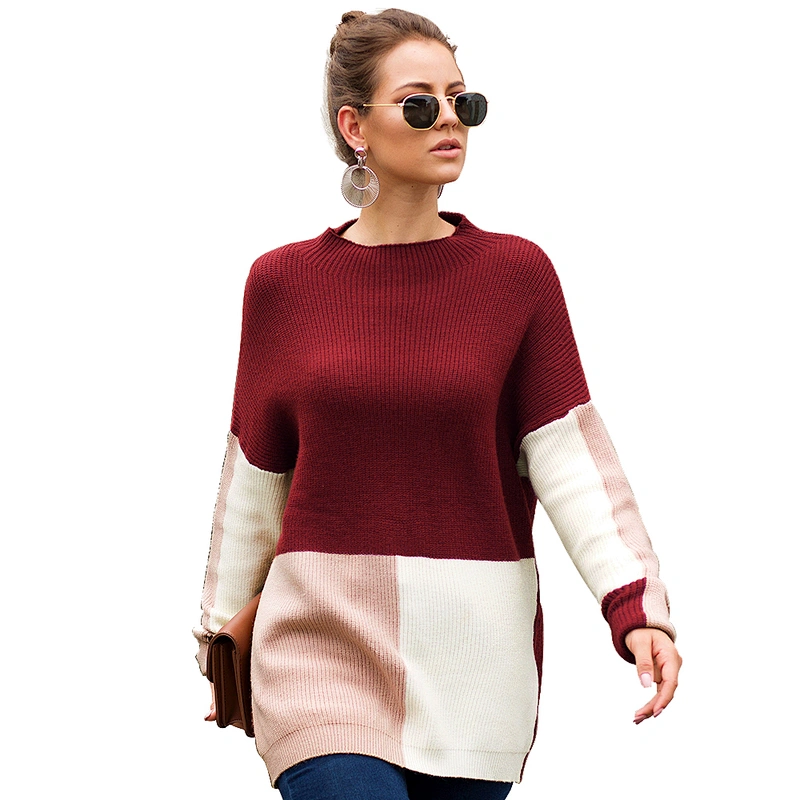 Western style new high quality women splice color sweater top autumn long sleeve polyester/cotton casual sweaters