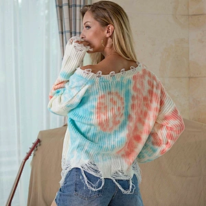 Knit V-neck fringe smudge tie dyeing plus size women pullover fashion sweaters