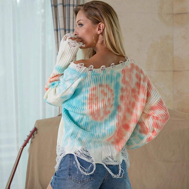 Knit V-neck fringe smudge tie dyeing plus size women pullover fashion sweaters