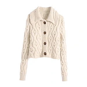 Pompoms Cropped Knitted cardigan with Button Rice White  casual sweater women cable knit sweaters