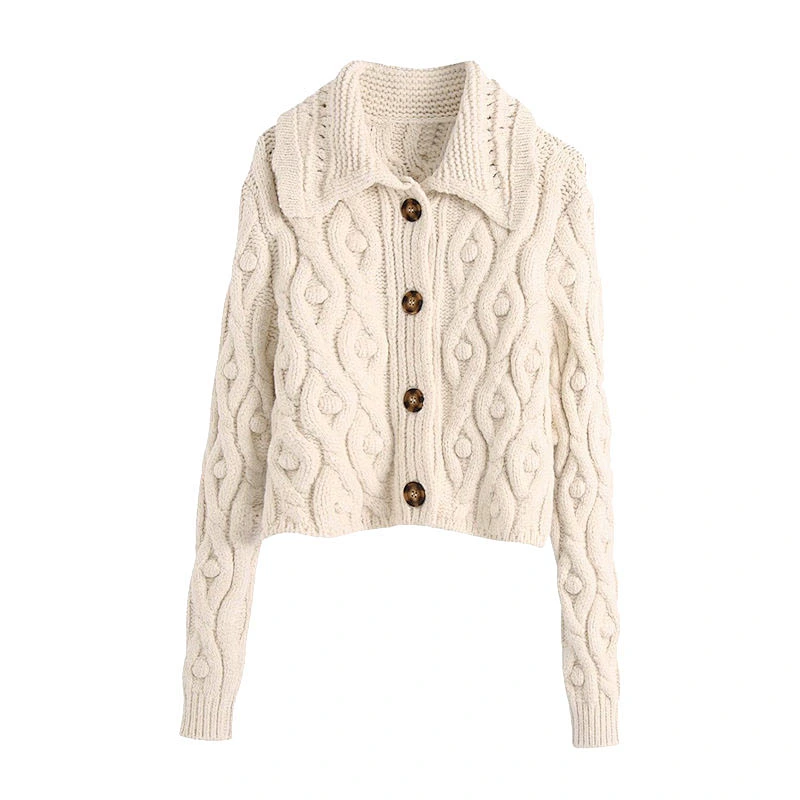 Pompoms Cropped Knitted cardigan with Button Rice White  casual sweater women cable knit sweaters