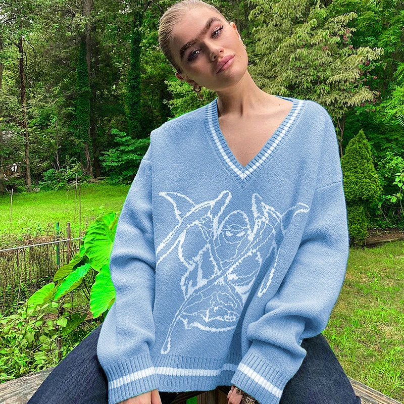 New printed V neck loose casual blouse sweater women fashion knit sweater