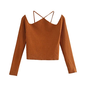 Straps Cut-out women brown black sexy sweater tops  trendy ripped wholesale backles fall fashion chic sweater