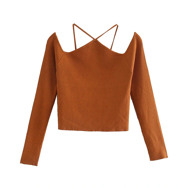 Straps Cut-out women brown black sexy sweater tops  trendy ripped wholesale backles fall fashion chic sweater