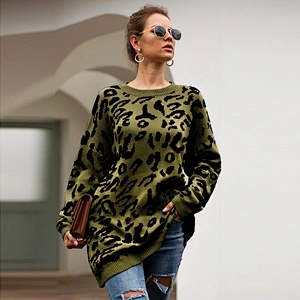 New arrival Leopard round neck pullovers winter fashion Casual Print Knit Long Sleeve clothes women sweater