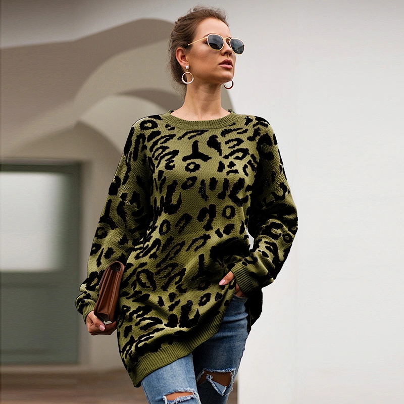 New arrival Leopard round neck pullovers winter fashion Casual Print Knit Long Sleeve clothes women sweater