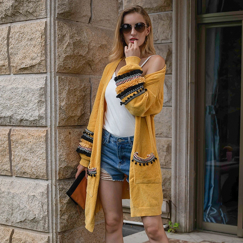 Women's cardigan sweater puff sleeve casual long knitwear sweater with pocket