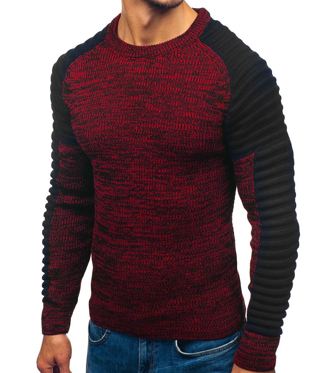 Round neck raglan sleeves striped pleated knit youth men's pullover sweaters