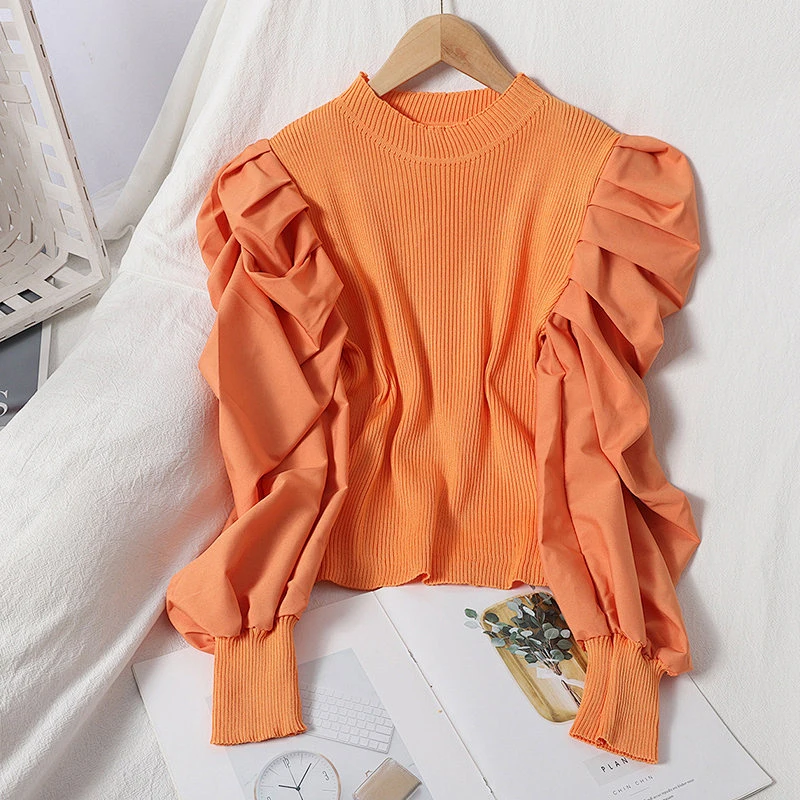 Women's knit sweater puff sleeves pullover round neck fall solid color tops blouses