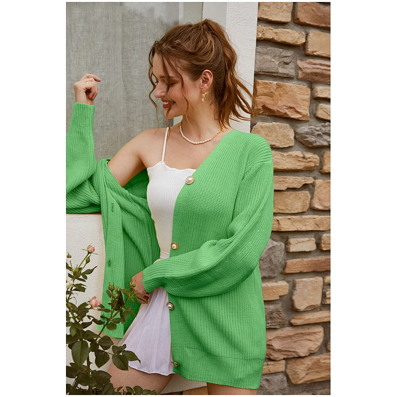 Casual knitted plus size cardigan women winter puff sleeve loose female button knitwear sweaters