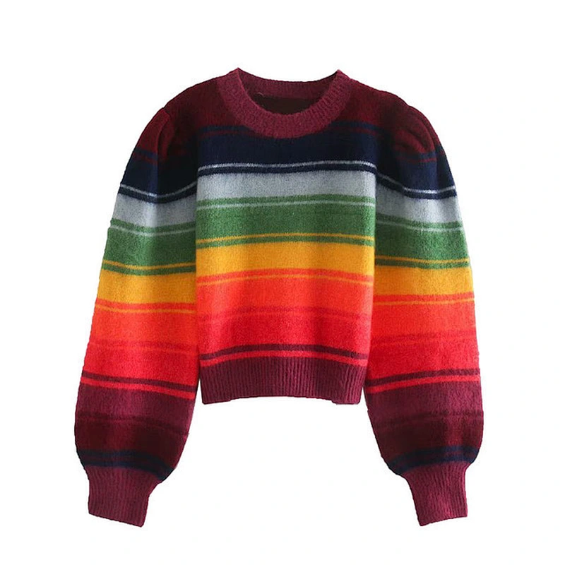high quality jacquard knit crop top sweater women winter puff sleeve Striped Cropped mohair sweater