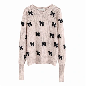 Elegant Bow Tie custom jacquard designer sweaters woolen Vintage knit crop sweaters for women