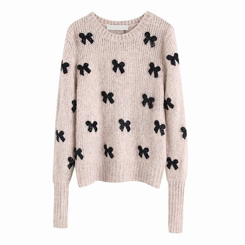 Elegant Bow Tie custom jacquard designer sweaters woolen Vintage knit crop sweaters for women