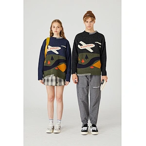 Color matching fashion cartoon plane pullover hoodie oem jacquard custom knit sweater for couples