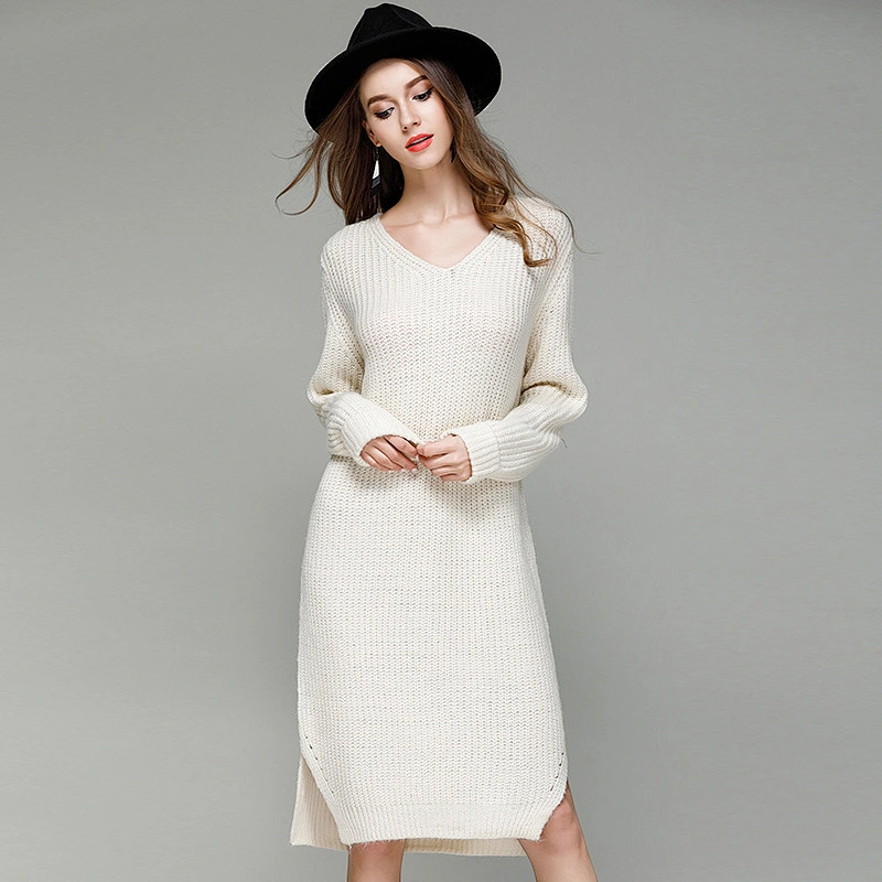 Solid color clothing loose large size knitwear casual dress long V-neck fashion sweater