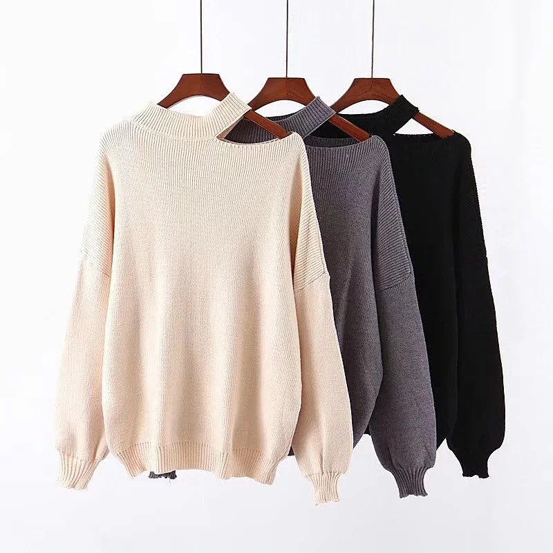 Women 2020 winter new lazy style asymmetrical girl strapless pullover sweaters