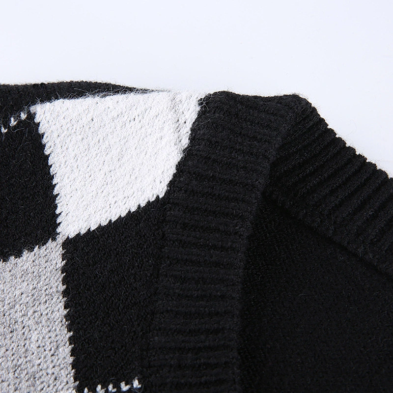 V-neck fashion girl blouse winter luxury long  plaid women knitwear sweater