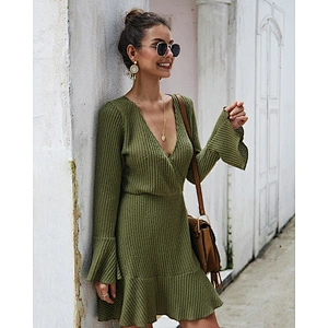 Fall clothing for women sexy v-neck knit dress ladies solid color dress wholesale apparel stock