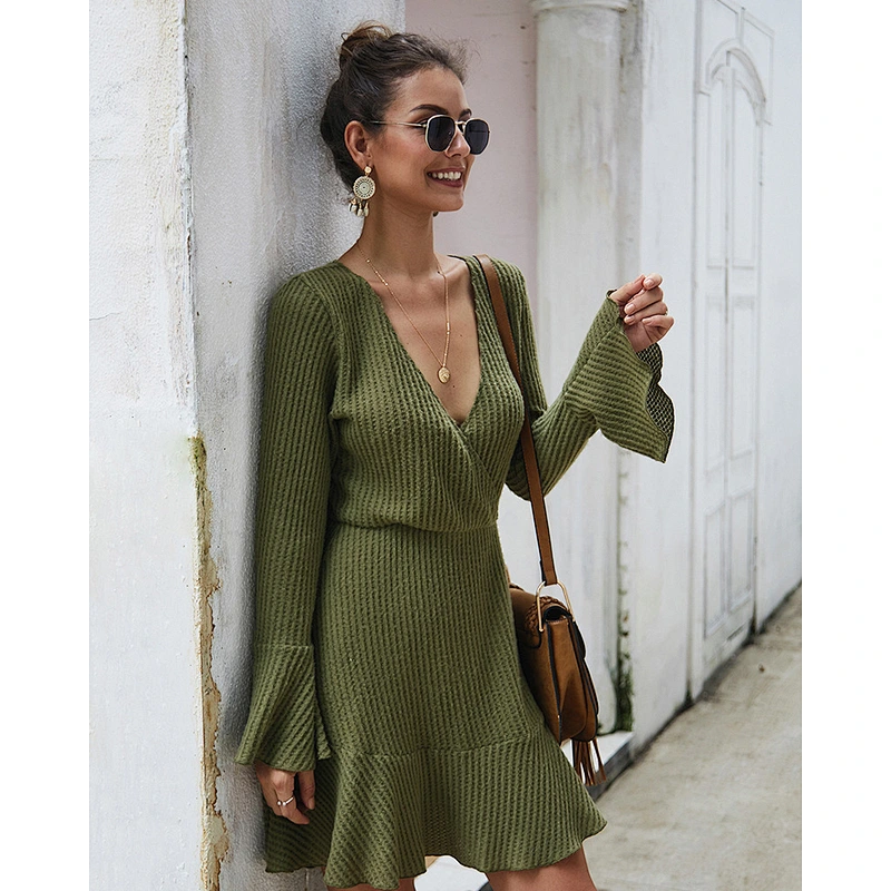 Fall clothing for women sexy v-neck knit dress ladies solid color dress wholesale apparel stock