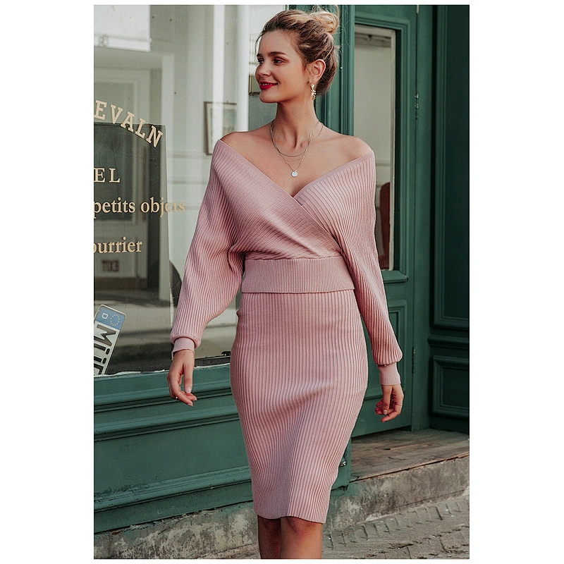 Pink Sexy v-neck women knitted sweater Dress Slim Fit Women Lady Elegant Bodycon Casual Dress