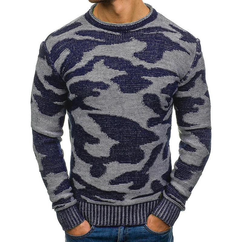 Fall/winter camouflage round neck pullover knit contrast color men printed sweaters