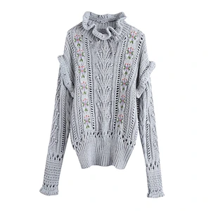 Fashion Embroidery Ruffled Loose custom pullover sweater knit women spring trendy sweater
