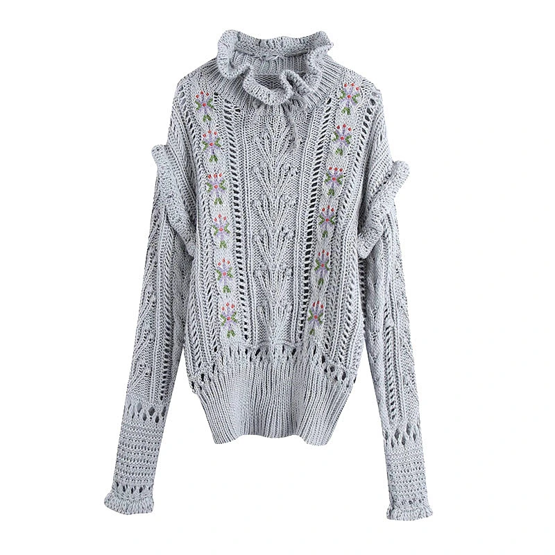 Fashion Embroidery Ruffled Loose custom pullover sweater knit women spring trendy sweater